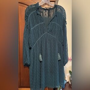 Zara Swiss Dot Long Sleeve Dress - hunter green Size LARGE